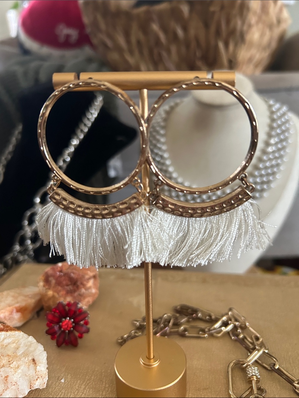 & Other Stories Gold Hoop Earrings with White Tassels